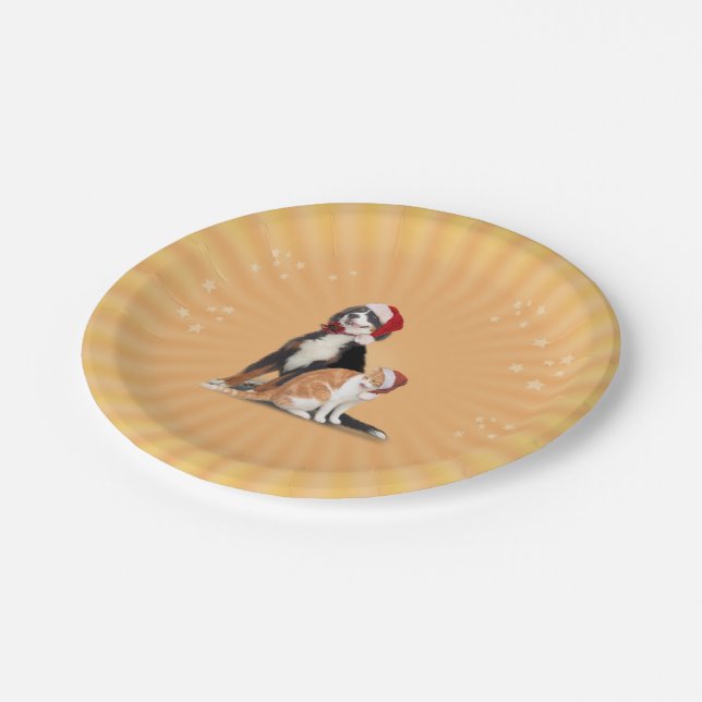 Prato De Papel Gato e Cachorro com Papai Noel (Inclinado)