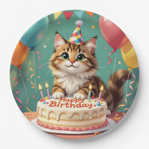 Prato De Papel Gato engraçado de aniversário feliz