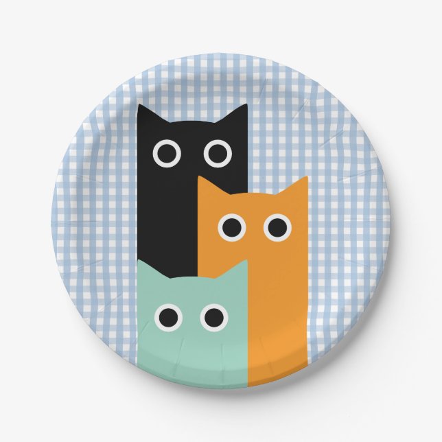 Prato De Papel Gato Engraçado, Xadrez Azul (Frente)