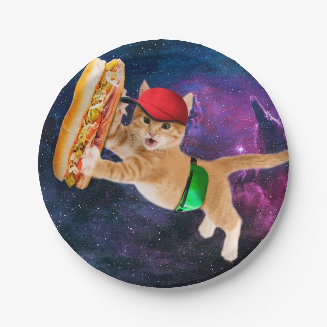 Prato De Papel Gato espacial com bonés e mochila (Frente)