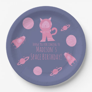 Prato De Papel Gato Espacial Galáxia Rosa Aniversário 