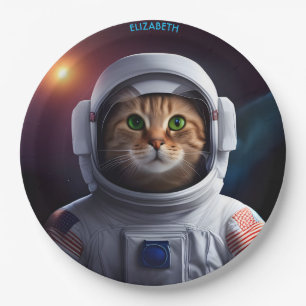 Prato De Papel Gato Fantástico E Bonito Em Astronauta Spacesuit