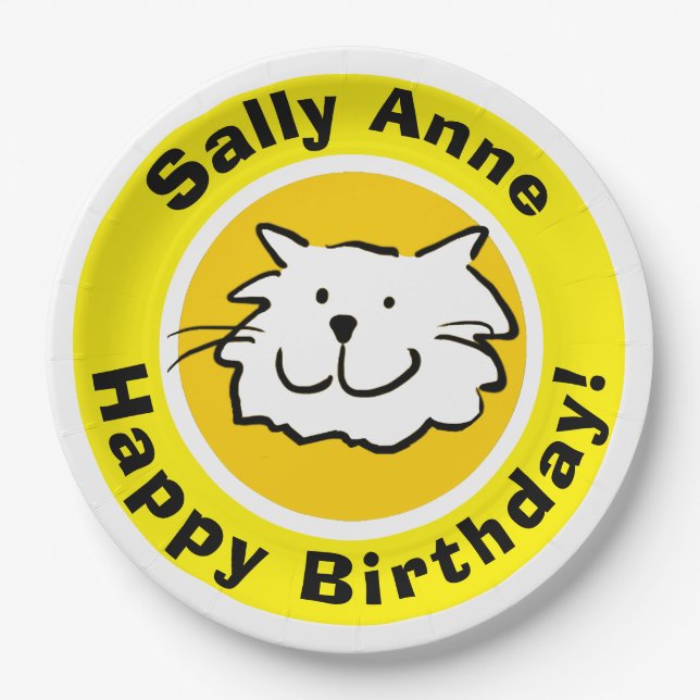 Prato De Papel Gato Fofo Feliz Aniversário (Frente)