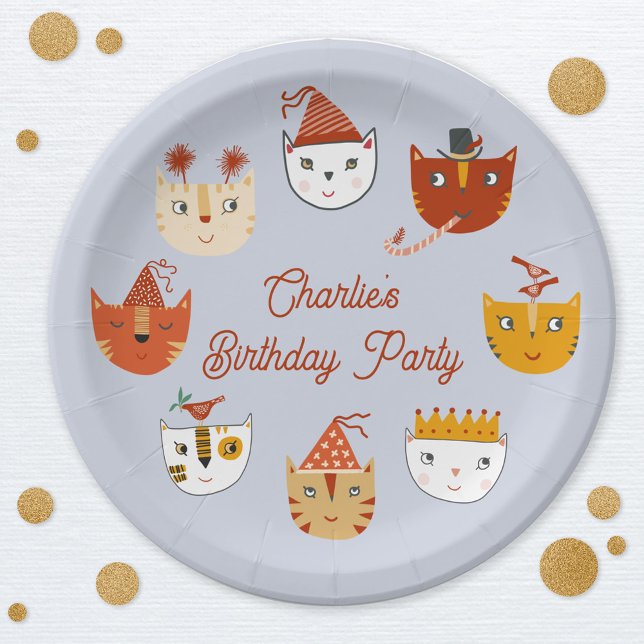 Prato De Papel Gato Gato Gato Gato-Gato Personalizado Aniversário (Cute personalized kitty cat birthday paper plate)