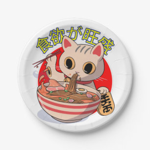 Prato De Papel Gato Japonês Fofo Comendo Macarrão com Hashis