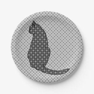 Prato De Papel Gato Japonês - Impressão Kimono preto e branco