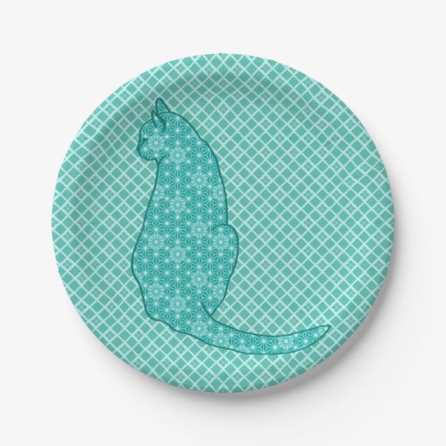 Prato De Papel Gato Japonês - Turquoise Kimono Impressão (Frente)
