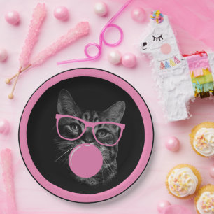 Prato De Papel Gato legal com Óculos Rosa e Goma-Bolha
