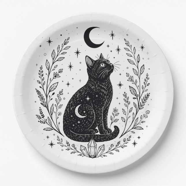 Prato De Papel Gato místico bajo la luna (Frente)