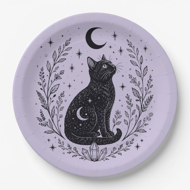 Prato De Papel Gato místico bajo la luna (Frente)