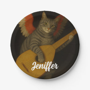 Prato De Papel Gato Músico Alado Tocando Alaúde Arte