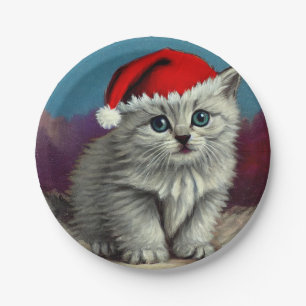 Prato De Papel Gato natal vintage em Santa Hat