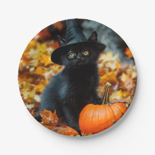 Prato De Papel Gato Negro e Abóbora do Halloween