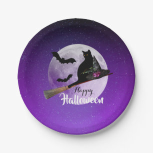 Prato De Papel Gato Negro Halloween na Lua Cheia