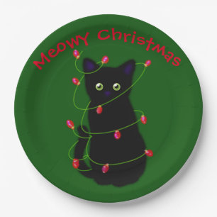 Prato De Papel Gato negro Meowy Christmas Luzes cintilantes