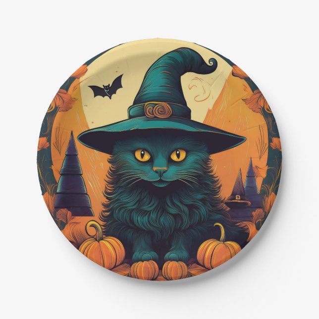 Prato De Papel Gato Negro num Chapéu de Bruxas (Frente)