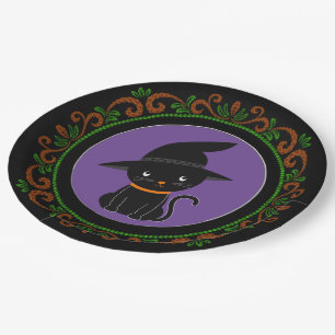 Prato De Papel Gato Negro Verde Laranja Com Halloween De Bruxa