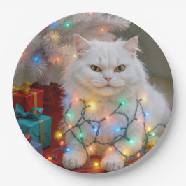 Prato De Papel Gato Persa de Natal Emaranhado em Luzes de Festa