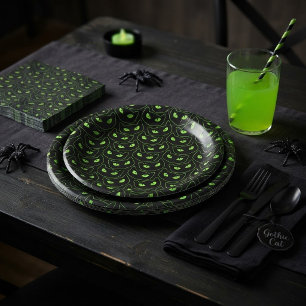 Prato De Papel Gato Preto Assustador Olhos Neon Verde Halloween