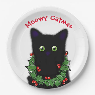 Prato De Papel Gato Preto Bagas de Natal e Frutas de Natal