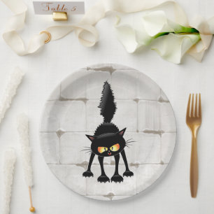 Prato De Papel Gato Preto Cartoon Engraçado e Feroz 