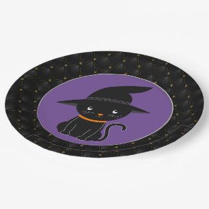 Prato De Papel Gato Preto Com Chapéu De Bruxa No Halloween