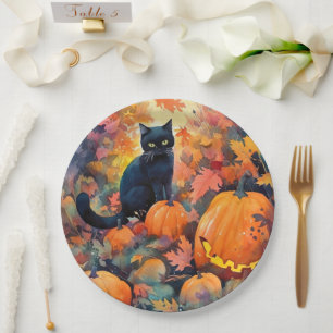 Prato De Papel Gato Preto de Halloween com Abóboras Assustador