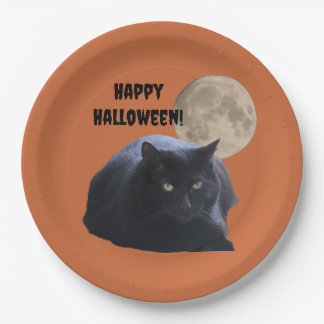 Prato De Papel Gato Preto de Lua Completa do Halloween
