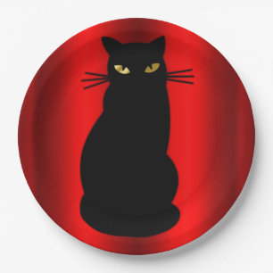 Prato De Papel Gato Preto do Halloween em Vermelho