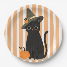Prato De Papel Gato Preto Fofo de Halloween com Chapéu de Bruxa e