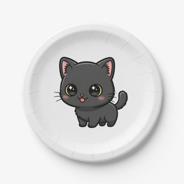 Prato De Papel Gato Preto Fofo Kawaii (Frente)
