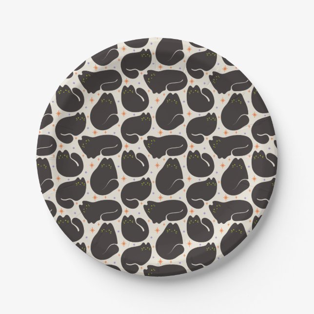 Prato De Papel Gato Preto Retro em Creme Claro (Frente)