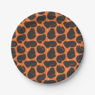 Prato De Papel Gato Preto Retro em Laranja