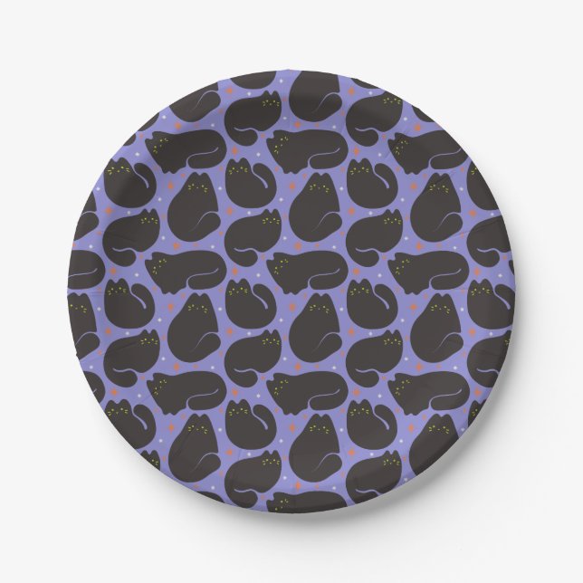 Prato De Papel Gato Preto Retro em Roxo (Frente)
