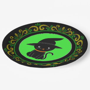 Prato De Papel Gato Preto Verde Amarelo Com Halloween De Bruxa