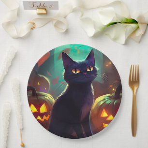 Prato De Papel Gato Tuxedo de Halloween com Abóboras Assustador