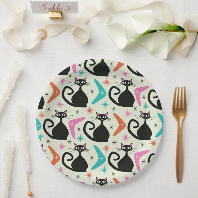 Prato De Papel Gatos Atômicos Pretos de Meados do Século com Bume (Casamento)