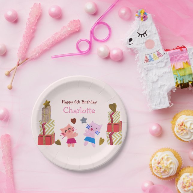 Prato De Papel Gatos Chic e Aniversário de criança Rosa de Presen (Festa)