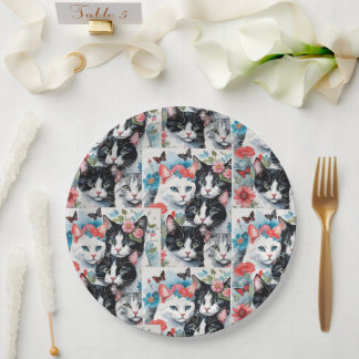 Prato De Papel Gatos com Flores e Borboletas Rosa