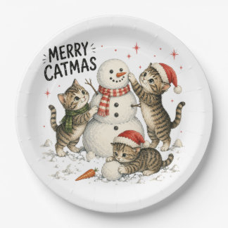 Prato De Papel Gatos de Natal Construindo Boneco de Neve
