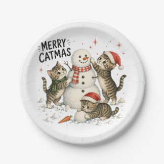 Prato De Papel Gatos de Natal Construindo Boneco de Neve