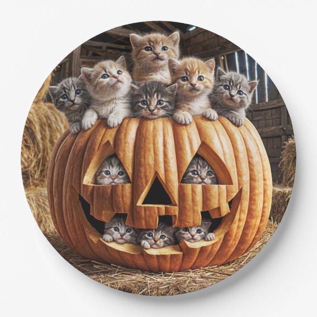 Prato De Papel Gatos em Abóbora de Halloween (Frente)