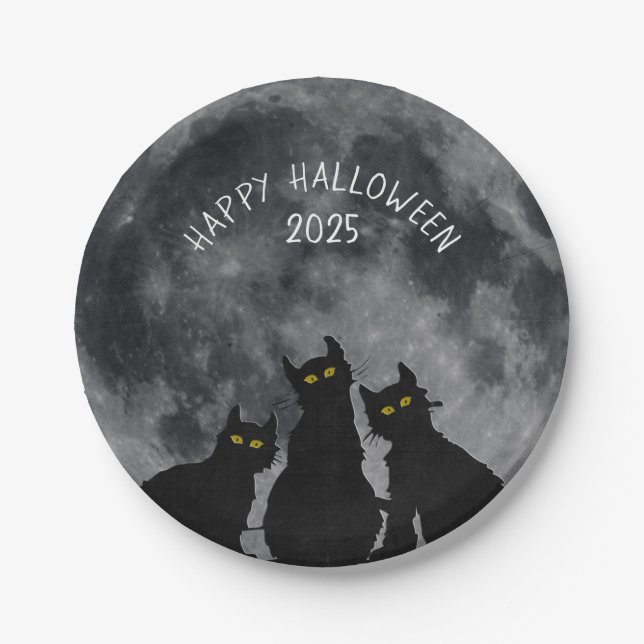Prato De Papel gatos pretos de Halloween na lua cheia (Frente)
