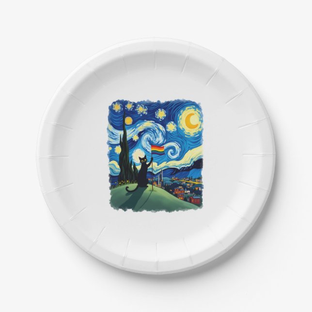 Prato De Papel Gay Pride Cat Art Cat Starry Night Style LGBTQ Pri (Frente)
