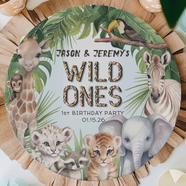 Prato De Papel Gêmeos Azul, selvagens, um primeiro aniversario (Twins, 1st birthday celebration paper plates, Safari themed blue first birthday for baby boy)