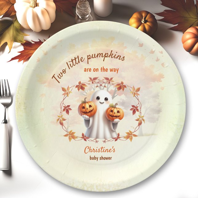 Prato De Papel Gêmeos - Chá de fraldas Unisex do Fantasma da Bomb (Twins Halloween Pumpkin Ghost Unisex Baby Shower Paper Plates)