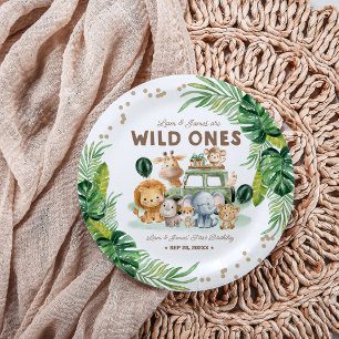 Prato De Papel Gêmeos Wild One Aniversário de 1 ano Animais da Sa