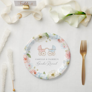 Prato De Papel Gênero Elegante Revelar Chá de fraldas Azul e Rosa