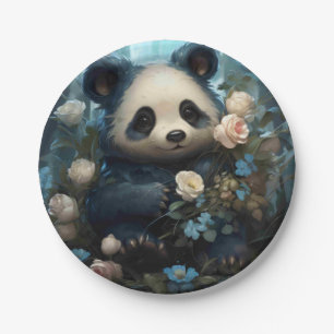 Prato De Papel Gentil Urso Panda Entre Rosas Selvagens