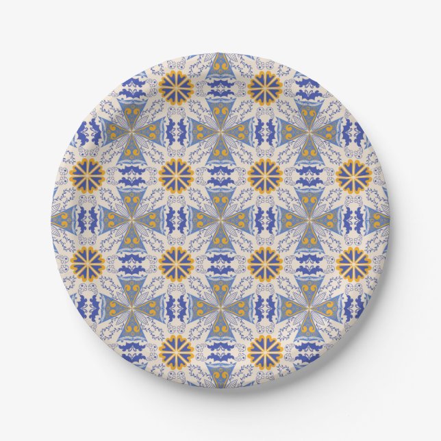 Prato De Papel geometric pattern with blue, yellow, and white  (Frente)